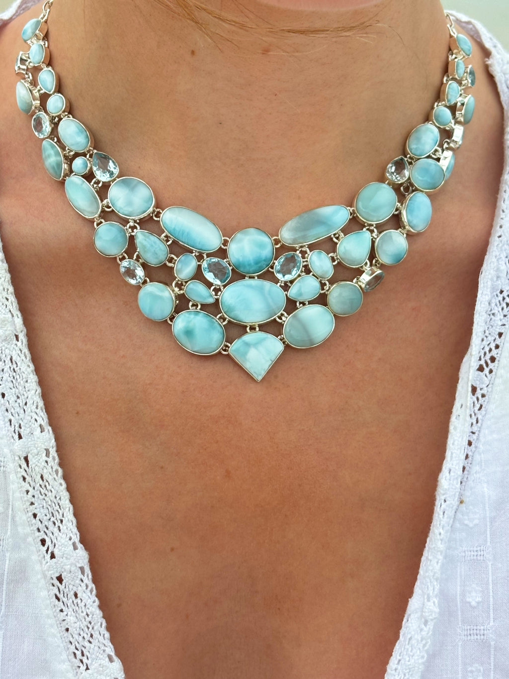 Larimar & Blue topaz Rare Combination Cut Necklace