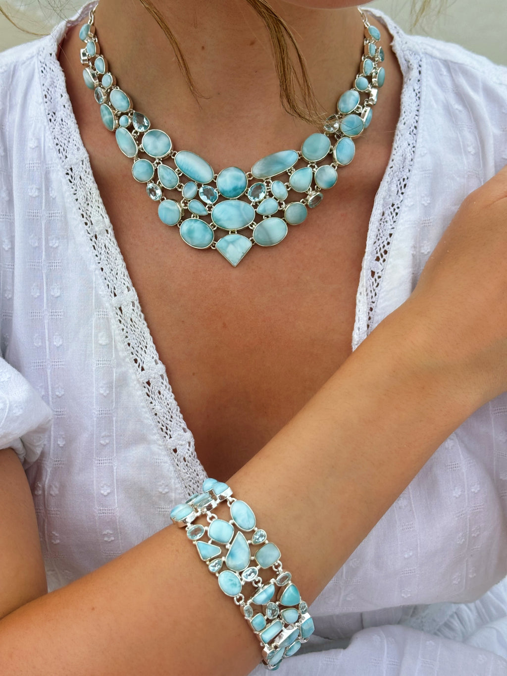 Larimar & Blue topaz Rare Combination Cut Necklace