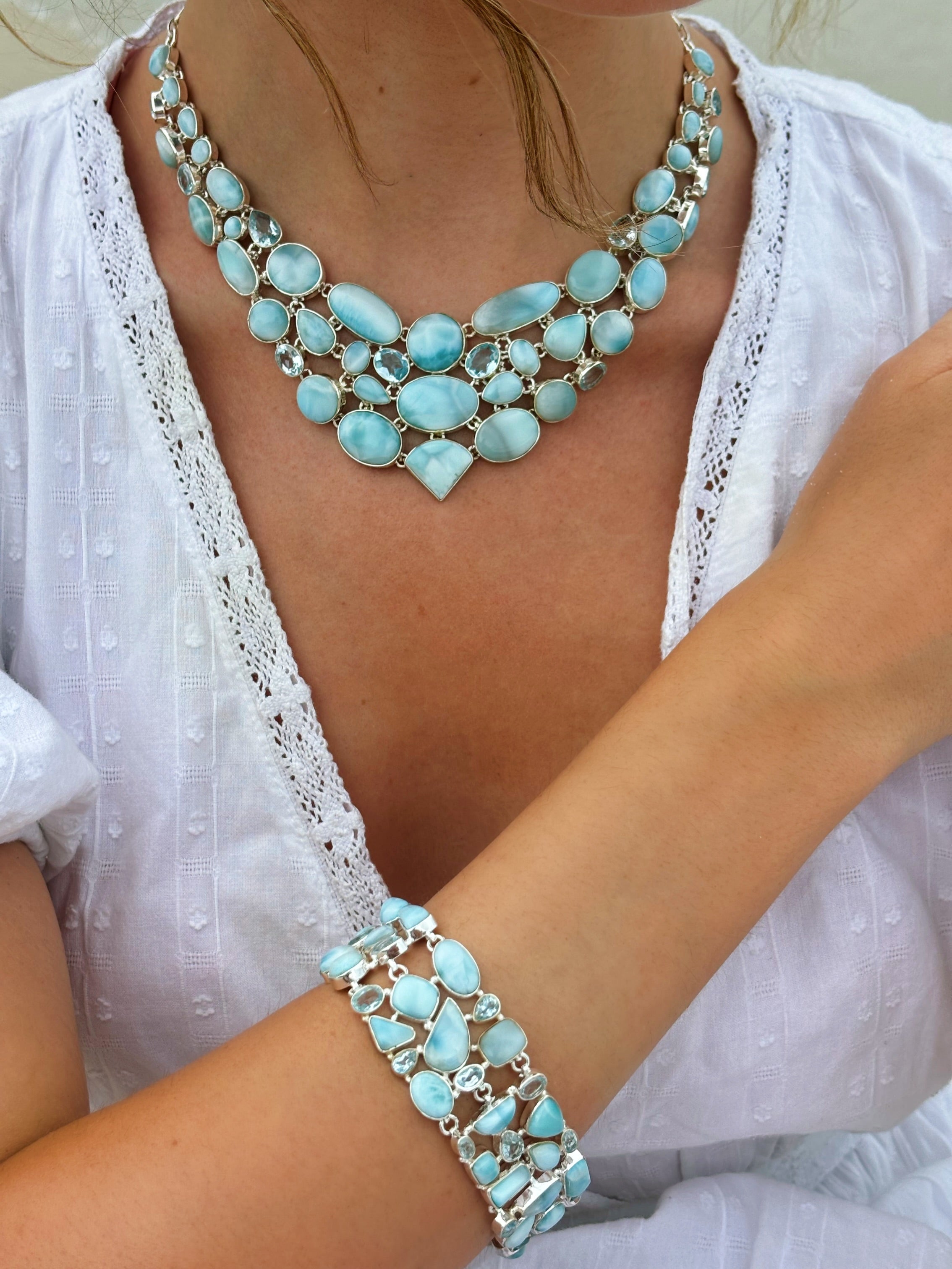 Larimar & Blue topaz Rare Combination Cut Necklace