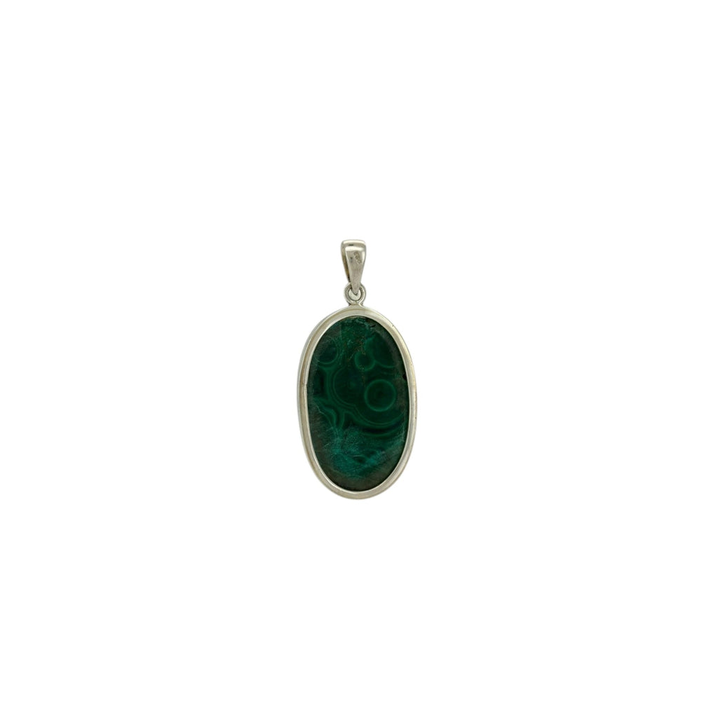 Green pendant with silver frame on a white background