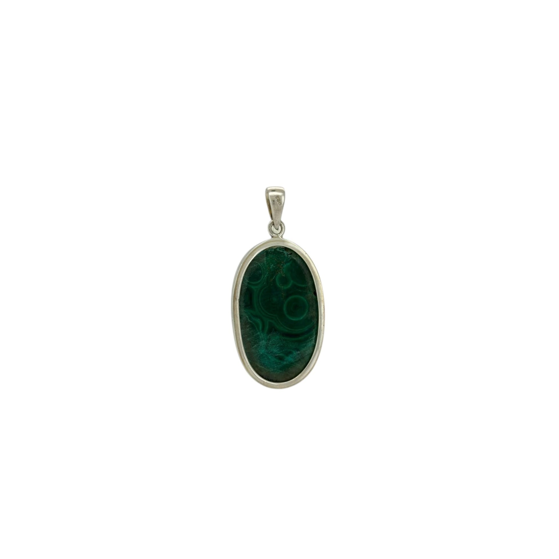 Green pendant with silver frame on a white background