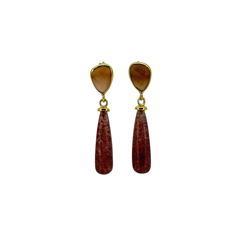 Gold Peach Moonstone & Strawberry Quartz Stud Drop Earrings