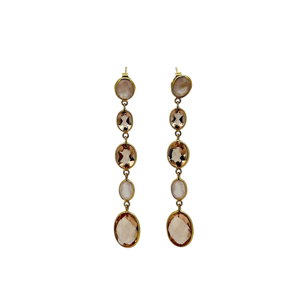 Gold Rose & Cherry Quartz Drop Stud Earrings