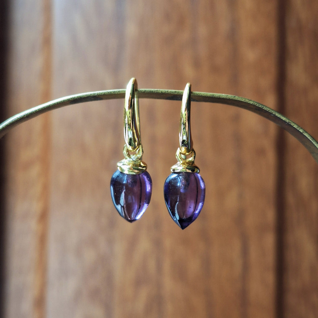 Gold Amethyst Cabochon Drop Earrings