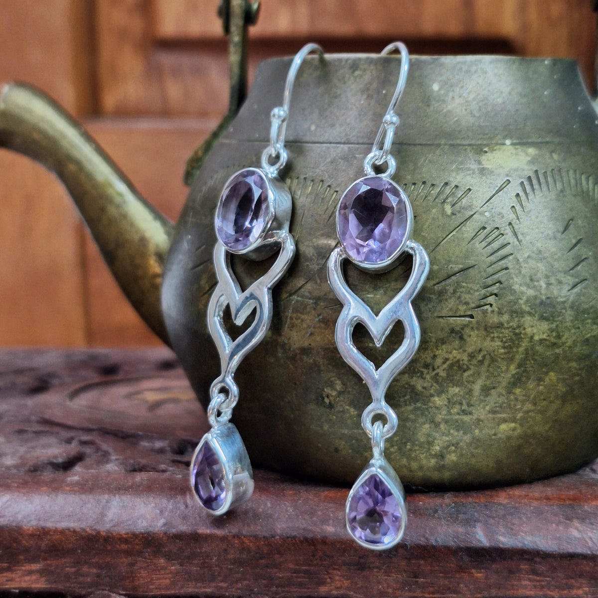 Amethyst Faceted Heart Drop Earrings