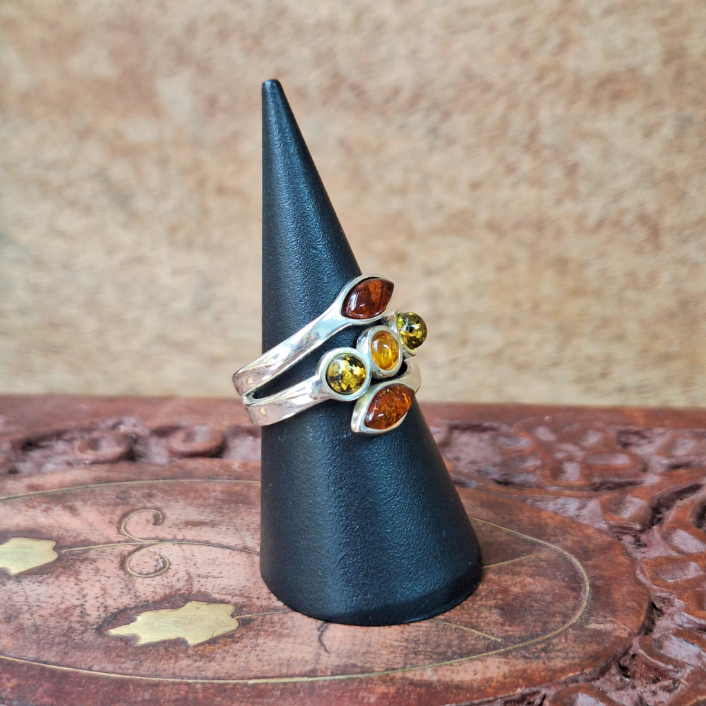 Baltic Amber Multicolour Leaf Ring Size 52