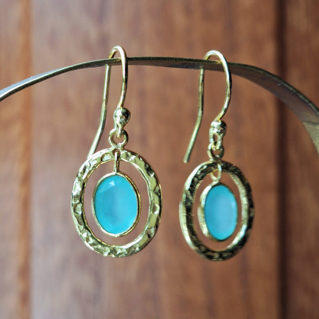Gold Aqua Chalcedony Halo Faceted Earrings