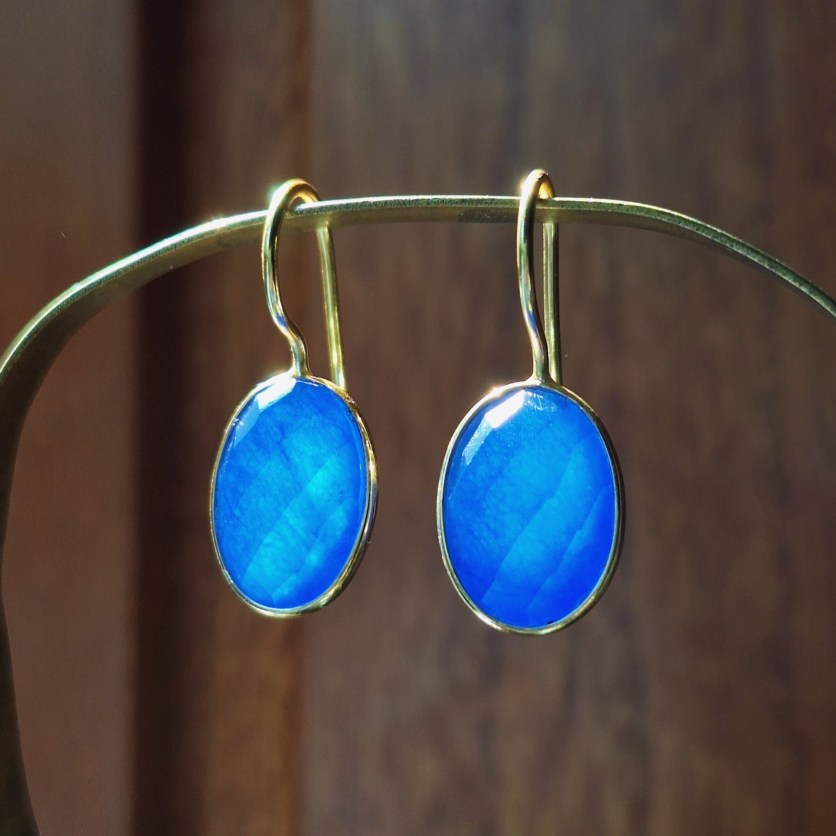 Gold Blue Chalcedony Faceted Earrings