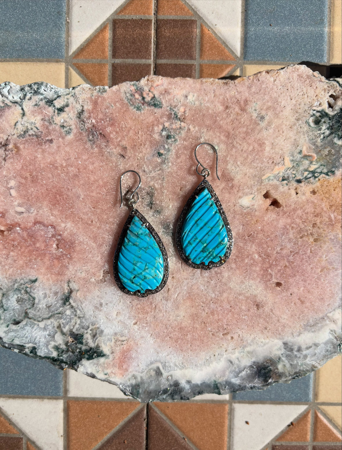 Natural Diamonds & Turquoise Drop Earrings