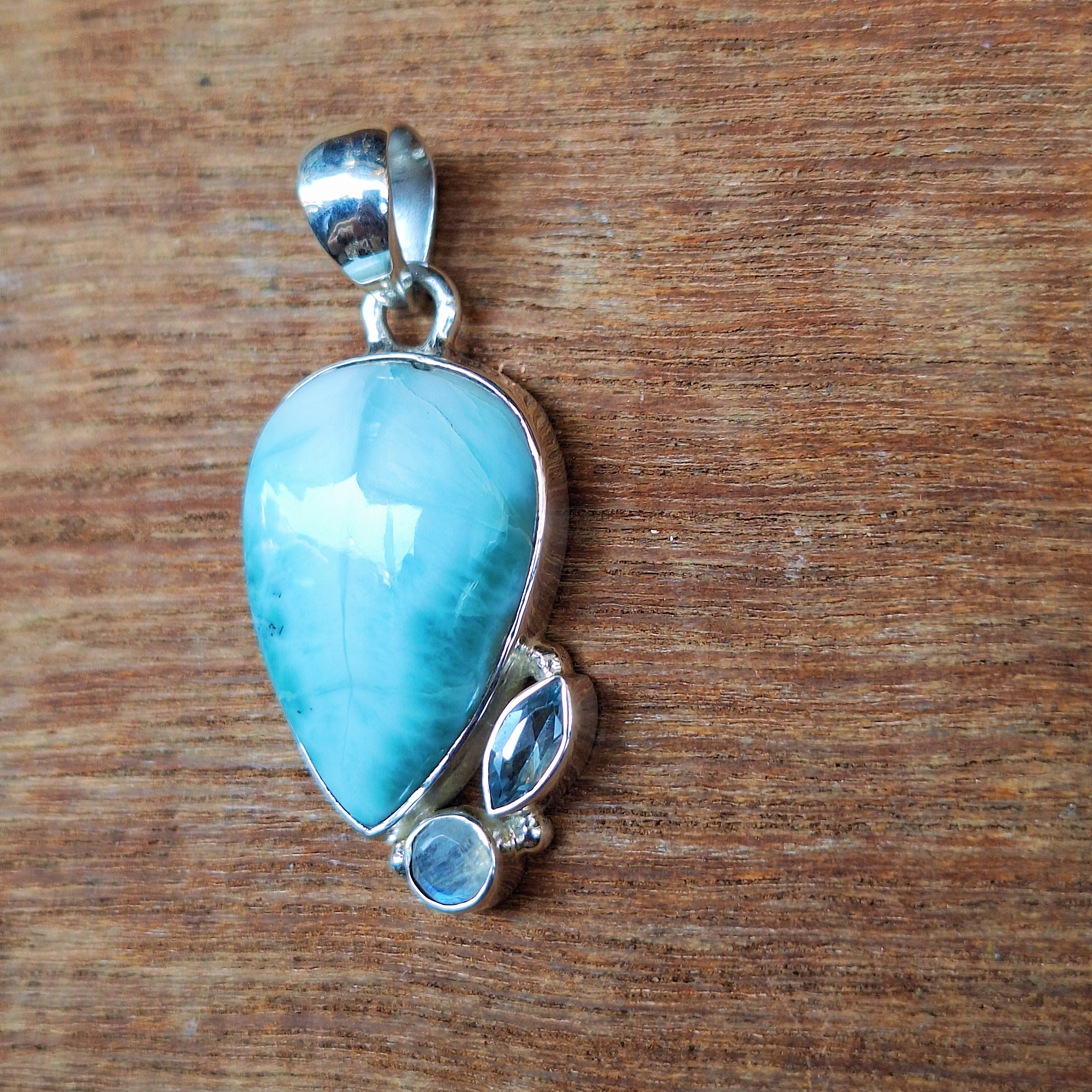 Dominican Larimar & Topaz Leaf Pendant