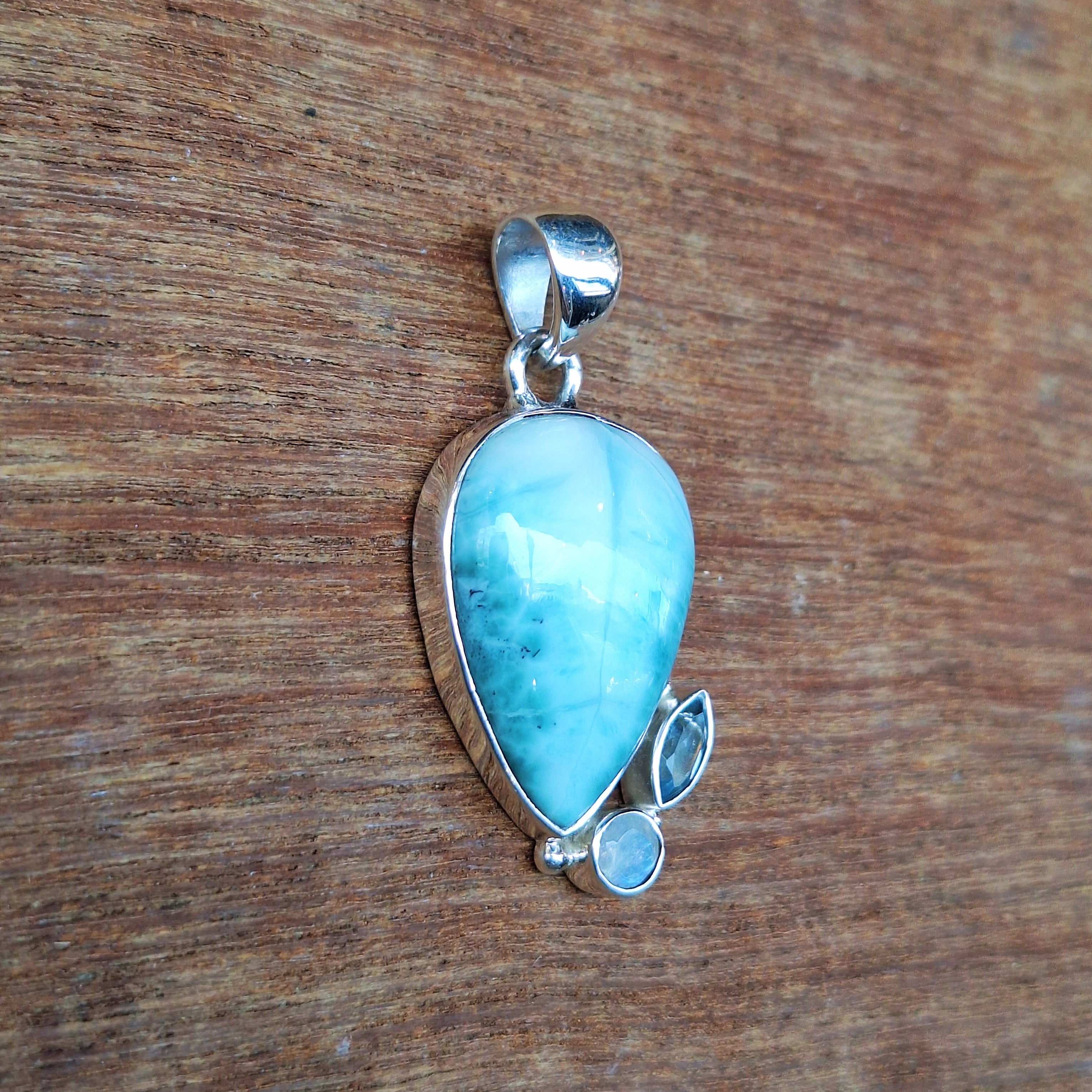 Dominican Larimar & Topaz Leaf Pendant