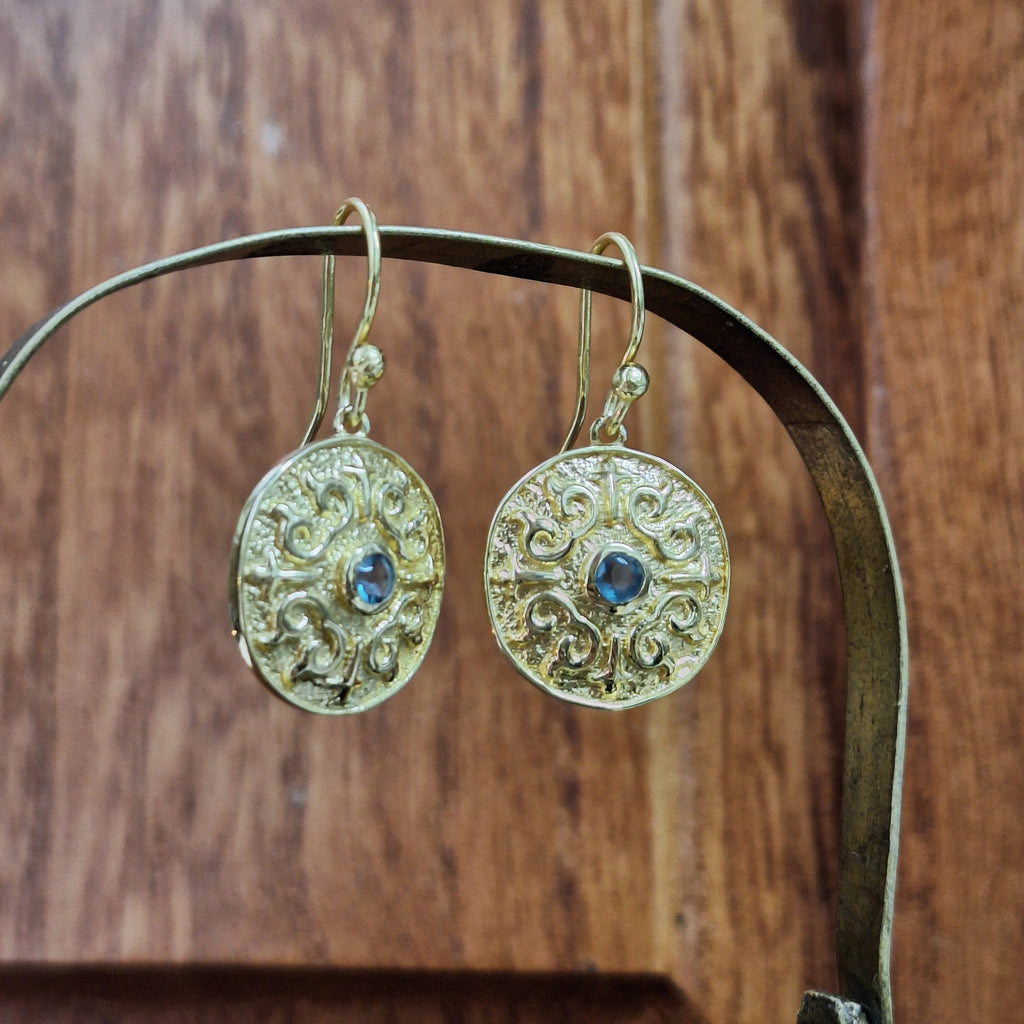 Gold Medallion Faceted Topaz Drop Earrings