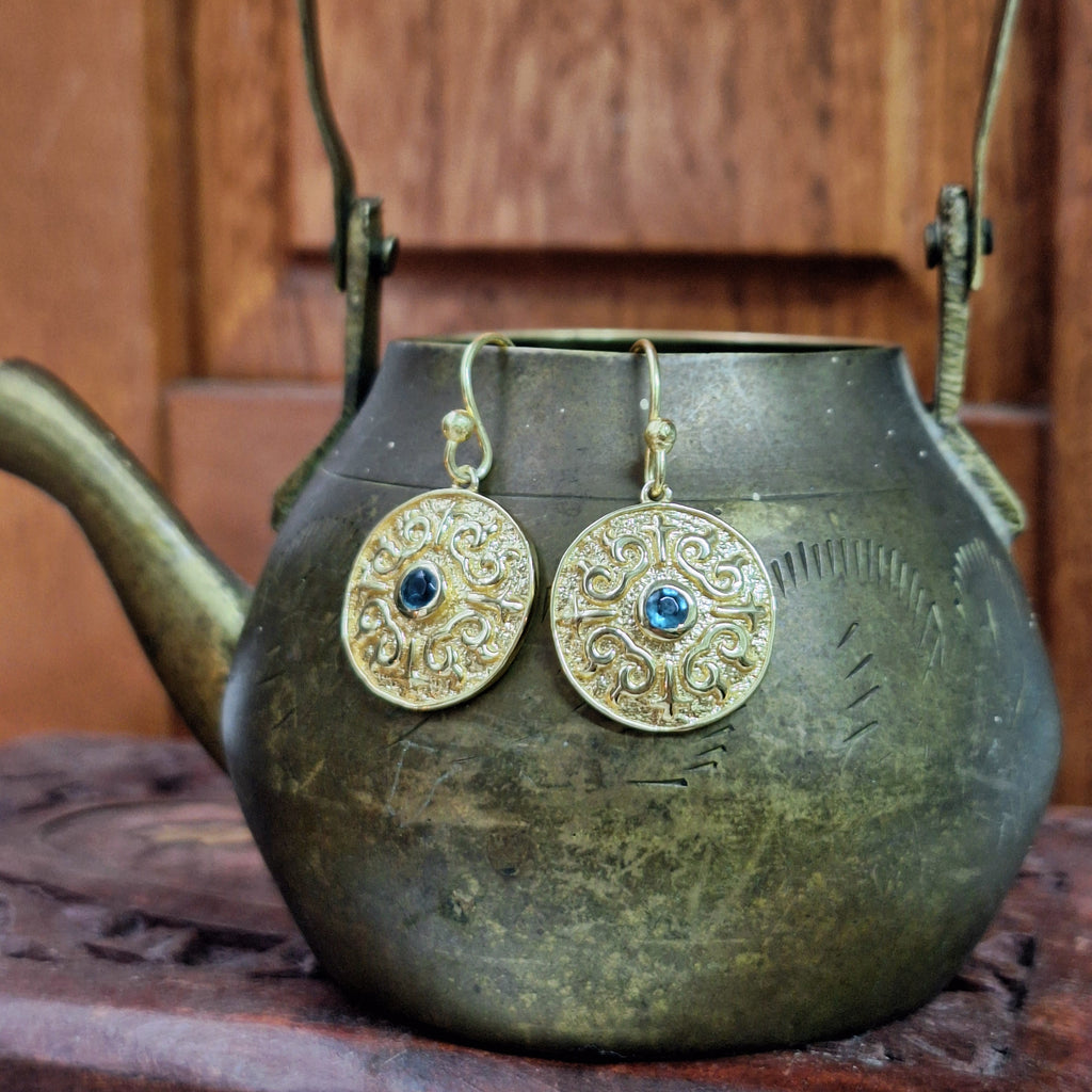 Gold Medallion Faceted Topaz Drop Earrings