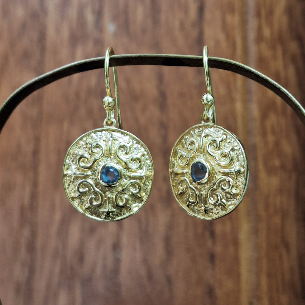 Gold Medallion Faceted Topaz Drop Earrings