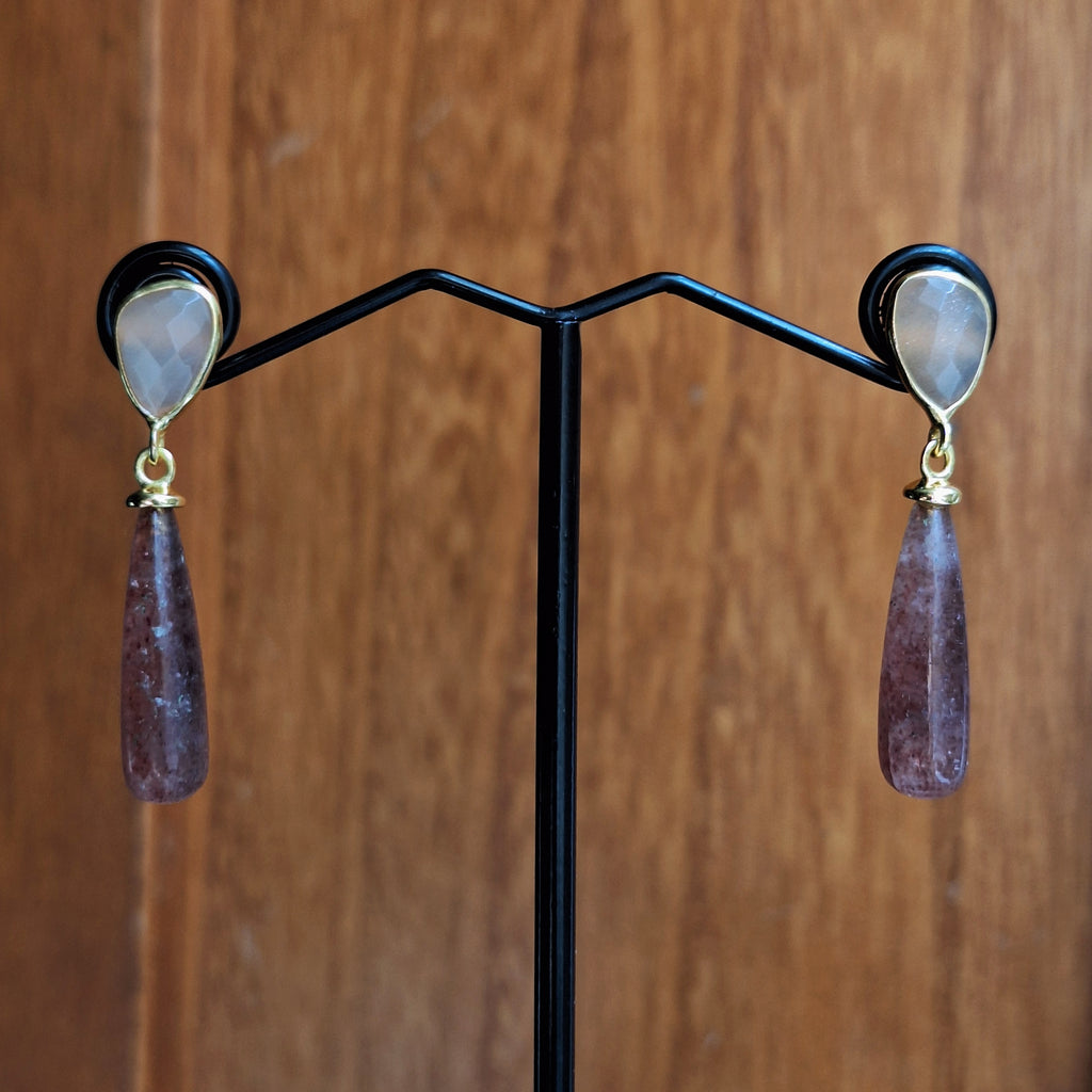 Gold Peach Moonstone & Strawberry Quartz Stud Drop Earrings