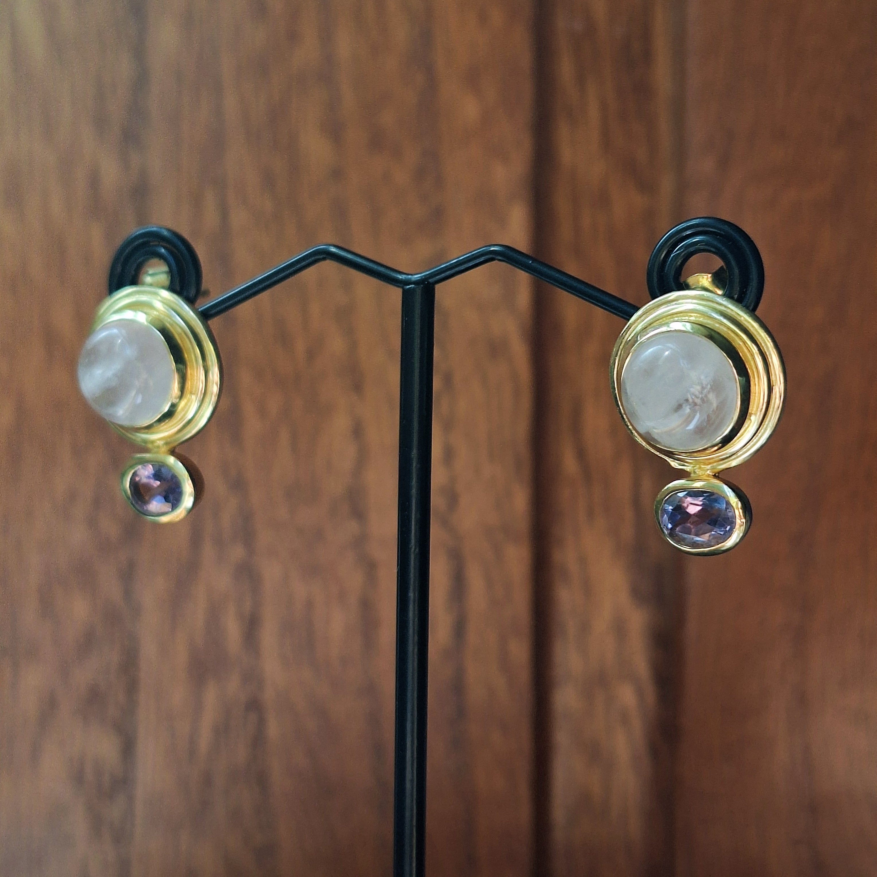 Gold Rose Quartz & Amethyst Stud Earrings