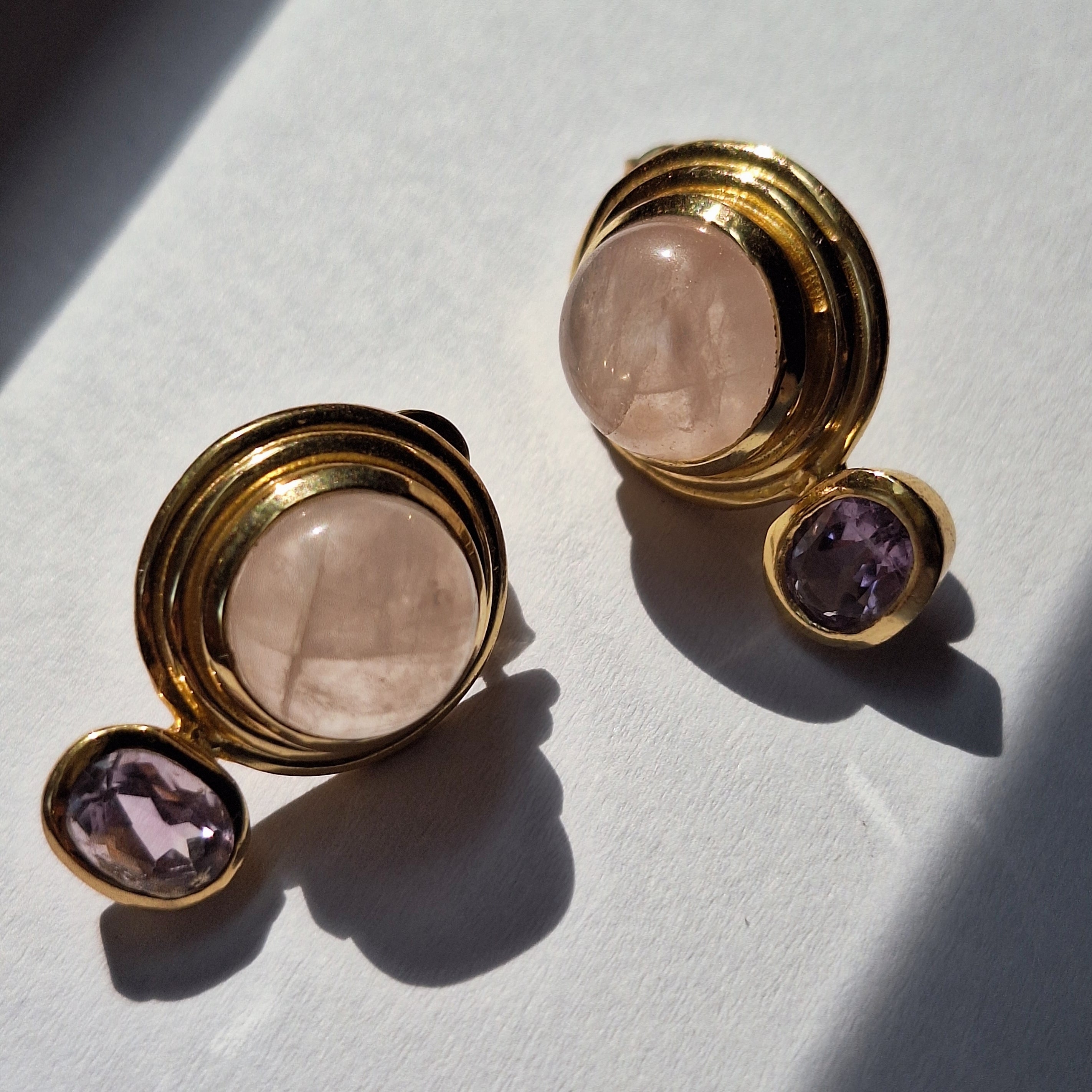 Gold Rose Quartz & Amethyst Stud Earrings
