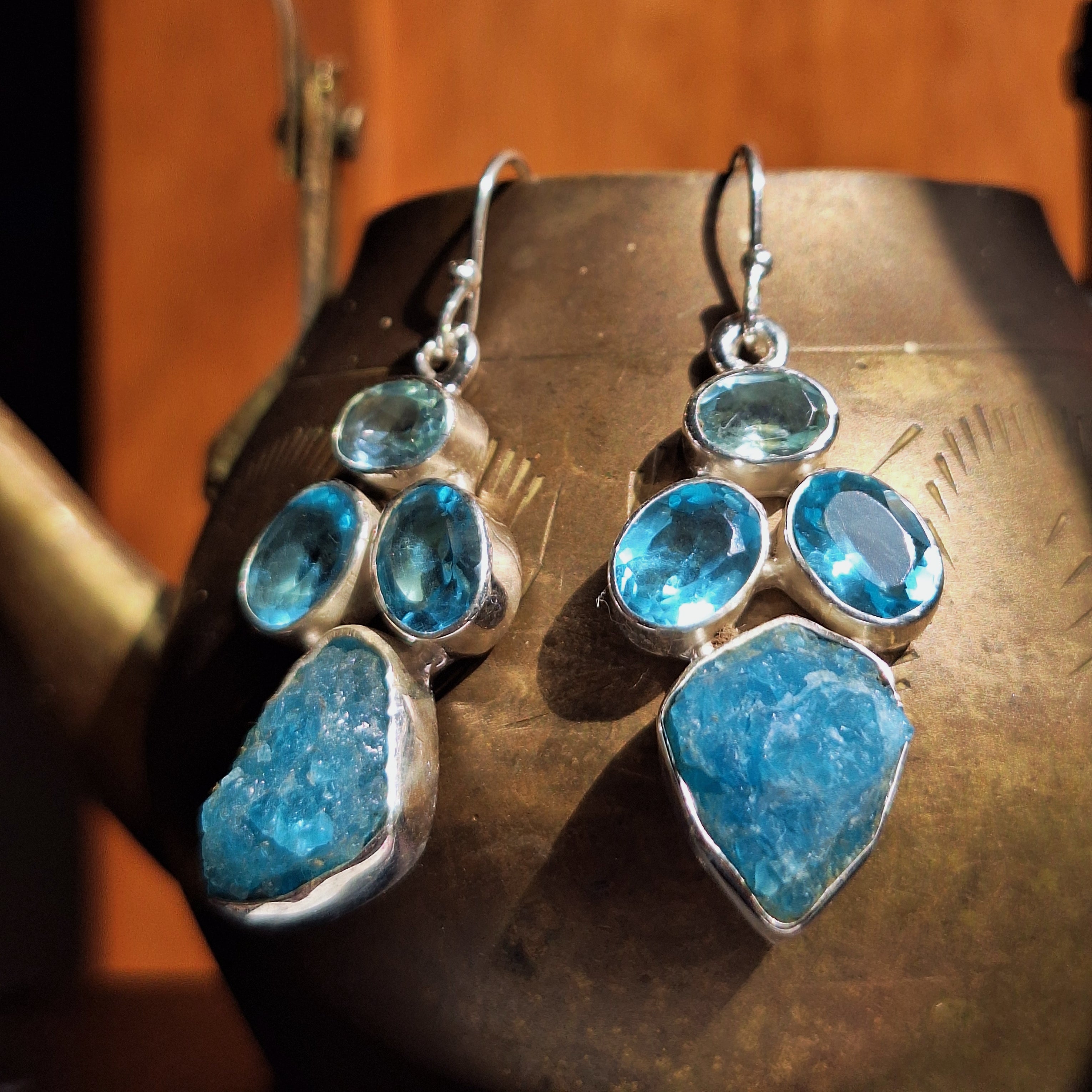 Blue Topaz & Apatite Combo Cut Drop Earrings