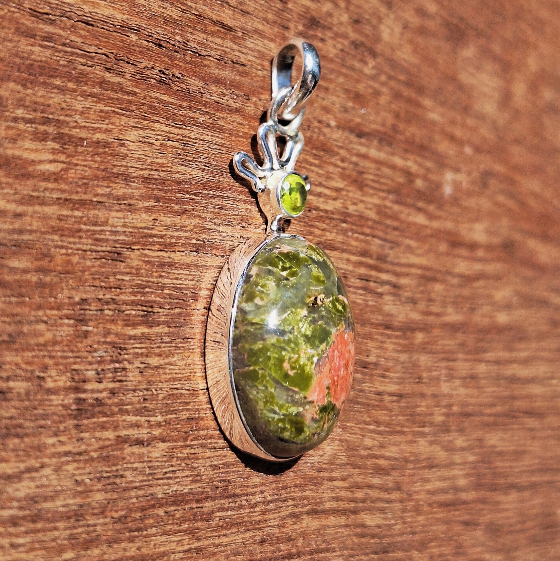 Unakite Jasper & Peridot Leaf Pendant